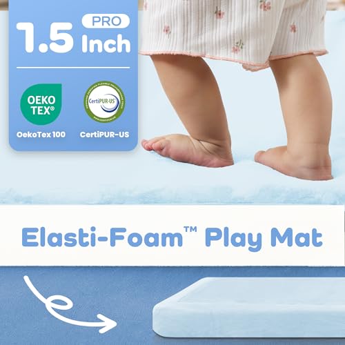 Image of 1.5 inch Thick Baby Play Mat for Floor Tummy Time, Large Pro Soft Foam Activity Playmats Playroom, Easy Care with Non-Slip Safe for Infant Toddler Kids Crawling79 inchx 118 inch (Blue)