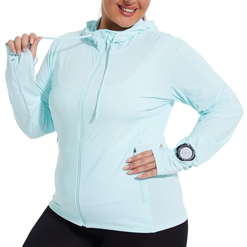 Womens Plus Size Lightweight Sun Protection Jacket SPF Hoodie UPF 50+ Full Zip Cooling Summer with Thumb Hole Clear Blue