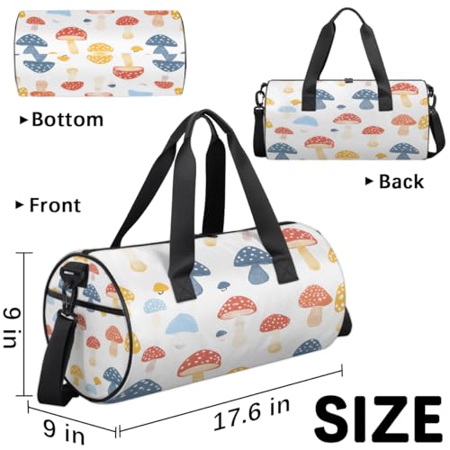 Cartoon Mushrooms Round Barrel Sports Fitness Bag, Travel Luggage Bag, Reusable Handbag, Suitable For Men and Women3