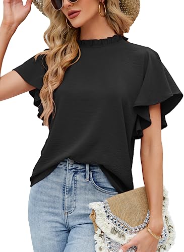 Aifer Womens Summer Ruffle Short Sleeve Dressy Casual Blouses Mock Neck Tops Elegant Work Shirts