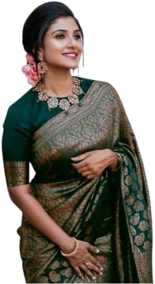 Flosive Banarasi Women's Sari Made of Soft Lichi Silk, Beautiful Jacquard-Rich Pallu Design, Work, Zari, Woven Kanjivaram Silk, Stylish Sari with Soft Lichi Silk Blouse
