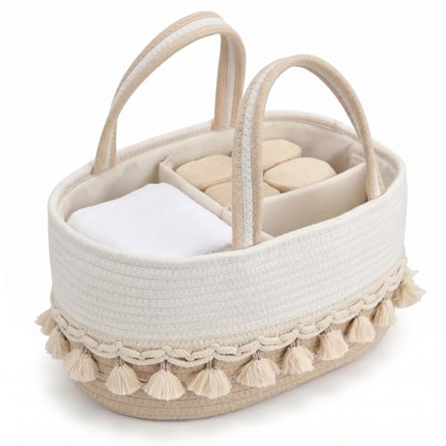 Goutdori Organizador de pañales para bebé con divisores desmontables, cesta de guardería tejida a mano con asas de borla, caqui y blanco, 14, 17x8, 66x7, 09 pulgadas