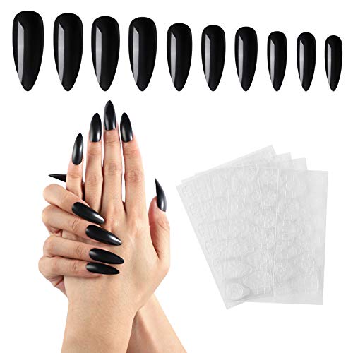 100pcs Almond Black Stick On Nails with 120pcs Adhesive Stickers, Cosics Black Almond Fake Nail and Tab Set, Press On Nails with Jelly Glue Adhesive Tab, Black False Nail Tips with Box, Full Cover Acrylic Nail for Salon DIY Nail Art Design