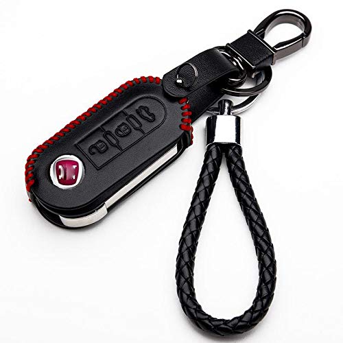 Cover Guscio Custodia in Pelle con Portachiavi per Chiave Fiat 500 Panda Punto Lancia Ypslon Delta Chiave 3 Tasti Protezione Telecomando Auto (RED EDITION)