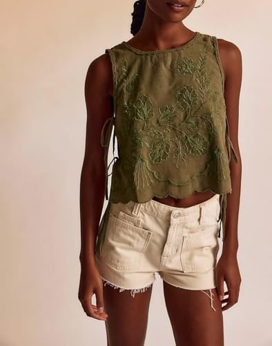 Tie Front Tops for Women Sleeveless V Neck Floral Embroidered Tank Y2k Sexy Cute Going Out Crop Vest Shirt4