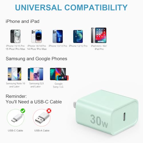 Image of iPhone 17 16 15 Charger Fast Charging 30W USB C Chargers Block Type C Charger 2 Pack 6FT Cord for iPhone 17 /17 Plus /17 Pro Max /Air /16 /16 Plus /16 Pro Max /15 Pro Max /iPad Pro /Samsung(Green
