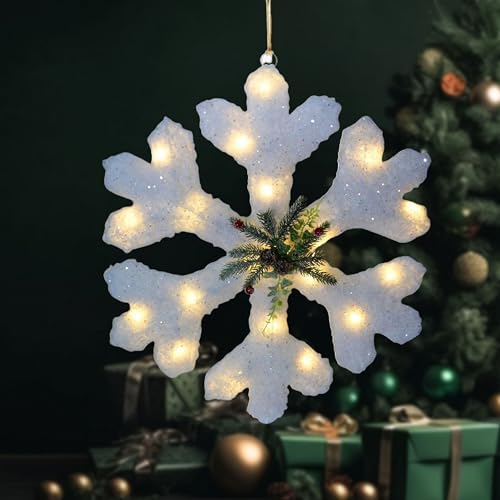 Just For Christmas Hanging Snow Effect Snowflake LED Light 50 CM Includes Berries & Holly Xmas Window Wall Indoor Decor Light 20 Warm White Built-In LEDs Ideal For Indoor Decoration - Battery Operated