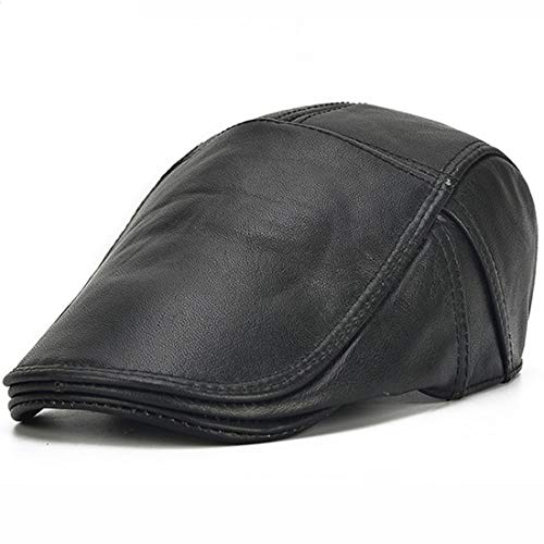Jnket Real Cow Leather Men Women Flat Cap Winter Newsboy Hat Windproof Cowboy Hat (01-Black) #TOP7