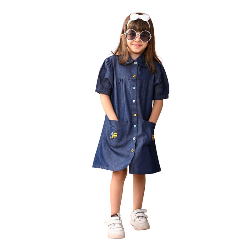 Image of superminis Girls Denim Solid Color Half Sleeves Dress with Embroidered Pocket (1 Dress)