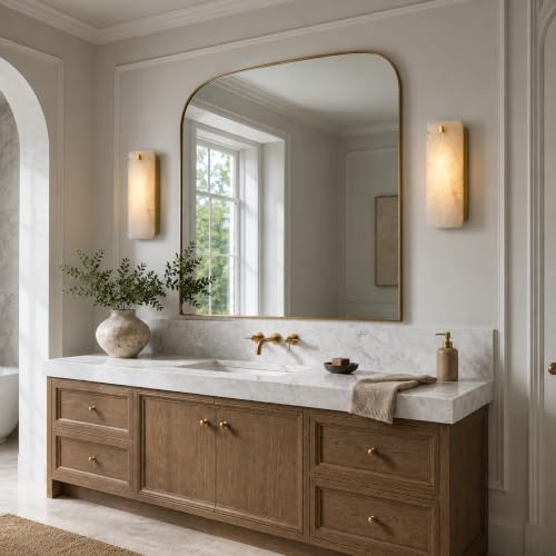 Image of 12 Inch Alabaster Wall Sconce, Natural Spanish Stone Brass Gold Wall Light, Modern Marble Sconces Dimmable E12 Hardwired Rectangular Vanity Light Fixture for Bathroom Mirror, Hallway Corridor(1 Pcs)
