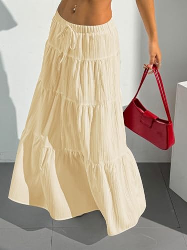 Image of Verdusa Women's Long Maxi Skirt Boho Flowy Flared Ruffle Skirts 2026 Beach Vacation Summer Going Out Outfits