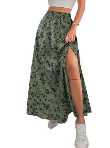 Avanova Women Boho Floral Slit Maxi Skirt Split Thigh High Waisted Long Skirts Green Floral X-Small