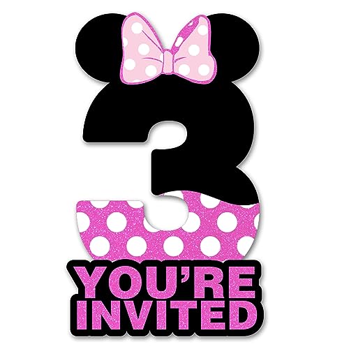 Image of brayqu 3rd Birthday Party Invitations, Pink Glitter Mouse Shaped Invites for 3 Year Old Girls, 20 Set with Envelopes