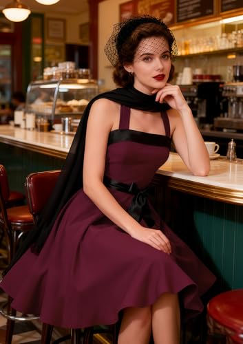 Timormode Sukienka w stylu vintage dla kobiet w stylu lat 50. XX wieku, sukienka koktajlowa w stylu Audrey Hepburn, rockabilly, swing, Burgund, XXL