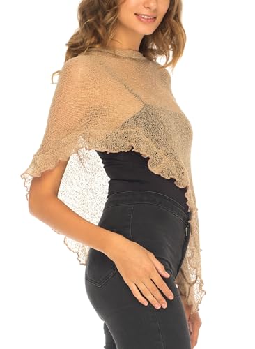 Image of SHU-SHI Women's Sheer Knit Poncho Shrug Lightweight Asymmetrical Ruffle Wrap Dressy Summer Shawl Cover Up Top
