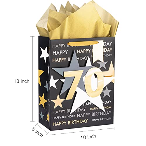 Image of Loveinside Birthday Gift Bag with Tissue Paper and Greeting Card for 70 Birthday - 13 inch x 10 inch x 5 inch, 1 Pcs, Black Gold