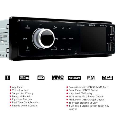 Image of IBELL CP7920T Car Audio System with 2 Year Warranty, Bluetooth, Dual USB, AUX, SD Card, FM Radio, 140W Car Audio Player, LCD Display,1 DIN Music System, Voice Assistant (Black)