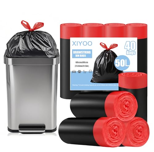 XIYOO Heavy-Duty Black Bin Bags 50L Bin Liners with Drawstring Handles 40 Count Swing Rubbish Bags Kitchen Trash Bags Waste Sacks fit 45-60L