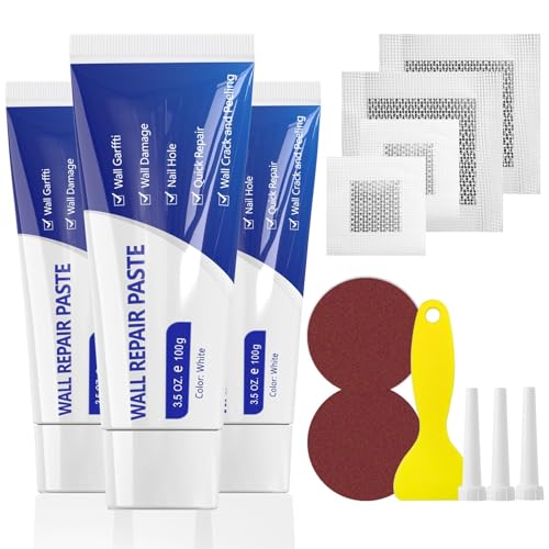 SEISSO Drywall Repair Kit, Wall Mending Agent*3(100 g), Wall Spackl Patch*4, Wall Repair Paste with Scraper and Sandpaper*2, for Wall Cracks, Graffiti, Whitewall Hole Filler and Plaster Dent Repair