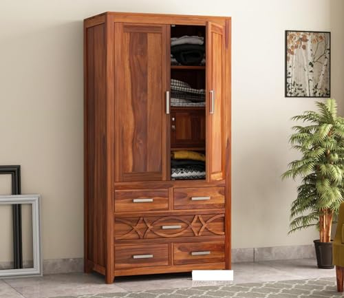 Image of Solid Sheesham Wood 5-Drawer Wardrobe with 4 Shelves & Locker Storage | Almirah for Bedroom - Solid Wood Large Cupboard | Honey Finish