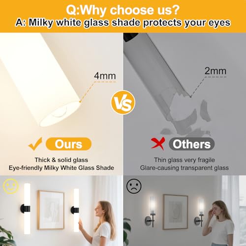 Image of Wall Sconces Set of Two, Modern Bathroom Sconces Wall Lighting with Milky White Glass, Matte Black Sconces Wall Decor Set of 2 for Bathroom Mirror Bedroom Living Room Hallway
