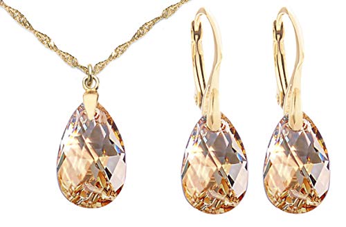 GIFT BOXED! Ah! Jewelleryu00ae Women's 16mm Golden Shadow Pear Crystals From Swarovski Necklace & Earring Set, 24k Gold Over Sterling Silver, Stamped 925. 45cm Twisted Chain Included.
