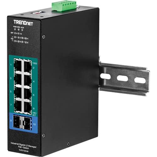 Image of TRENDnet 10-Port Industrial Gigabit L2 Managed PoE+ DIN-Rail Switch,8X Gigabit PoE+ Ports,2X SFP Slots,24 - 57V DC Power Input,IP30, VLAN, QoS,LACP,STP /RSTP, Bandwidth Management, Black, TI-PG102i-M