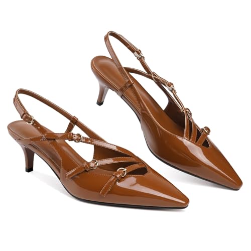 Image of CORNMOOD Stiletto Slingback Heels Pumps for Women | Glossy Patent Leather Kitten heel, Chic Dress Shoes for Modern Women, Ideal Wedding Evening Party and Work Office Outfit
