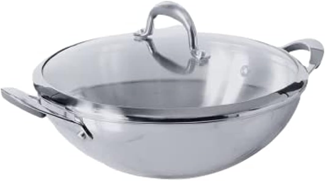 Select Nickel Free Stainless Steel Kadai with Glass Lid | Steel Kadhai with Triply Base for Deep Frying | PFOA, Gas and Induction Compatible, 26cm/ 3.25 Liters, Silver