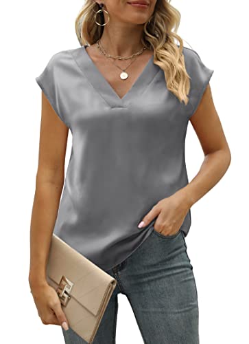 MIROL Women's Cap Sleeve Silk Tops V Neck Satin Blouse