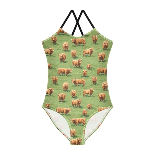 senya Girls Swimsuits One-Piece Swimwear Tie Bathing Suit Beach Summer Round Neck 9-10T Highland Cattle Meadow Pattern