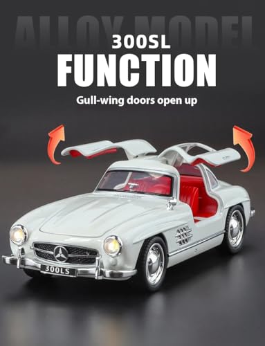 Image of Diecast Mercedes Benz 300 SL Toy Car - 1:32 Scale Alloy Vintage Car with Light & Sound, Pull-Back Toy for Kids & Collectors, Gift for Boys & Enthusiasts- (White)