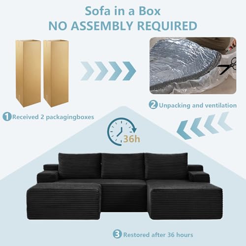 Image of 96 inch W Cloud Sectional Couch with Ottoman,Modern U-Shaped Cloud Couch with Side Pockets,Comfy Corduroy Sofa,Memory Foam Sofa for Living Room,No Assembly (Black,Right-Facing Chaise)