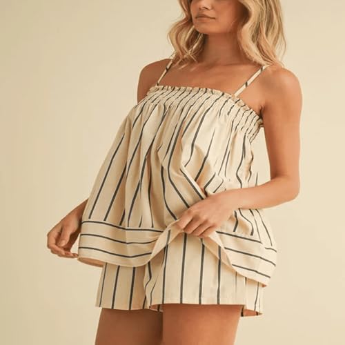 Image of SOOKABEILA Women 2 Piece Lounge Set Sleeveless Striped Cami Peplum Top Boxer Shorts Loose Ruffle Matching Pj Sets Outfits