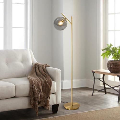 Image of Farmhouse Floor Lamp Retro Smoky Gray Glass Standing Tall Lamps Vintage Brass Freestanding Floor Lamps Adjustable Globe Floor Lamp for Office Bedroom