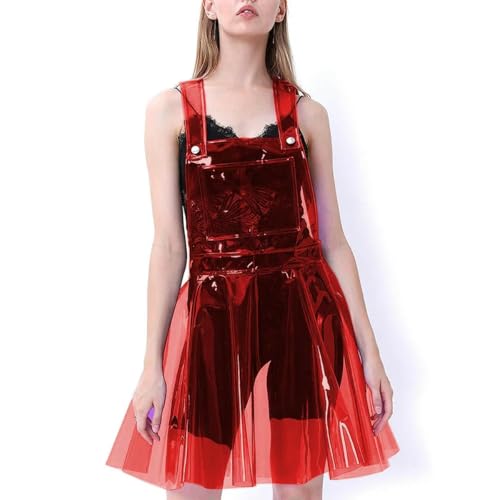 XINLIANYI Vestido de tirantes de plástico para mujer, sin mangas, plisado, de PVC transparente, mini vestido personalizable, rosso, 5XL