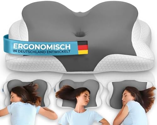 Glückstoff® Ergonomisches Kissen [Innovationspreis für Ergonomie nominiert] Kopfkissen aus Memory Foam | Ergonomisches Nackenkissen Nackenrolle Seitenschläferkissen Grau
