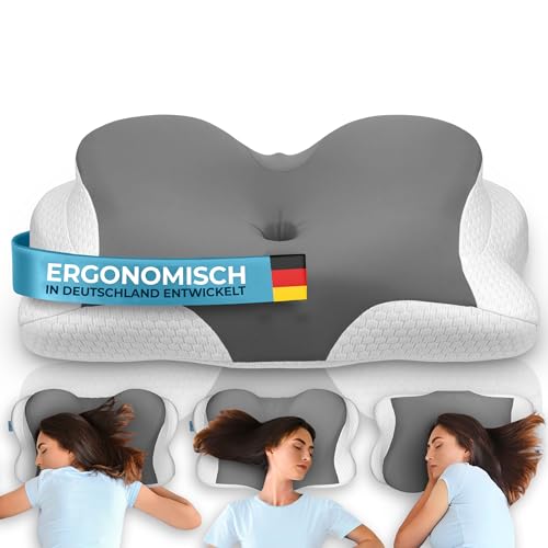 Gl&uuml;ckstoff&reg; Ergonomisches Kissen [Innovationspreis f&uuml;r Ergonomie nominiert] Kopfkissen aus Memory Foam | Ergonomisches Nackenkissen Nackenrolle Seitenschl&auml;ferkissen Grau