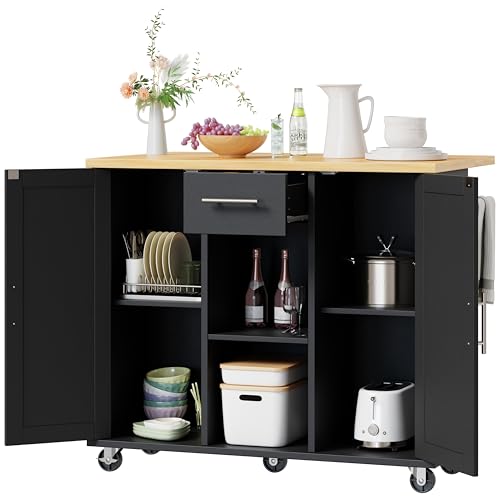 Shintenchi Kitchen Island with Storage, Bar Cart Cabinet Island Table on Wheels, Rolling Microwave Cart for Kitchen with Drop Leaf, Drawers, Towel Rack, Seating Area for Dining Room, Black