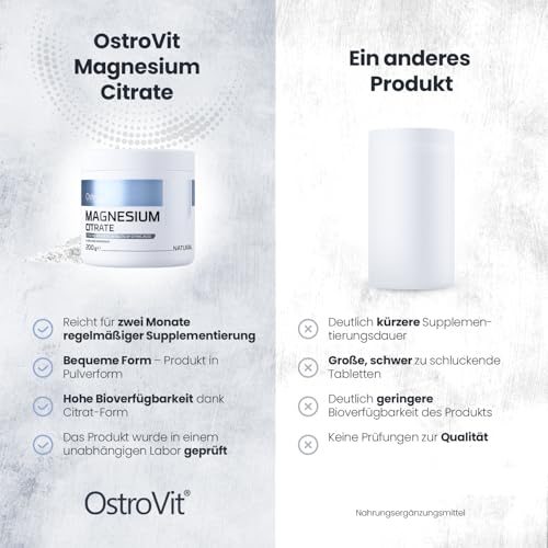 OSTROVIT Magnesium Citrate 1er pack 200g 74 Servings Portionen Magnesiumcitrat Keine Aromen und Farbstoffe Muskelkrämpfe Mudigkeit Nervensystem Gut Verfügbar