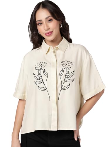 Chemise brodée en sergé de viscose de qualité supérieure Bewakoof beige XS