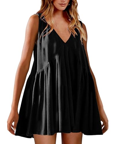 Womens Babydoll Dress Summer Sleeveless Mini Dress Casual Loose V Neck Swing Flowy Beach Sundresses with Pockets