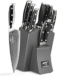 Ensemble de couteaux de cuisine Damas avec bloc, Razor Sharp 67-Layer VG10 Poignée en acier et triple rivet, Chef/Santoku/Utility/Couteaux de pain/pari inclus, Aiguiseur, Bloc en bois de cuisine, Gris, 9Pcs