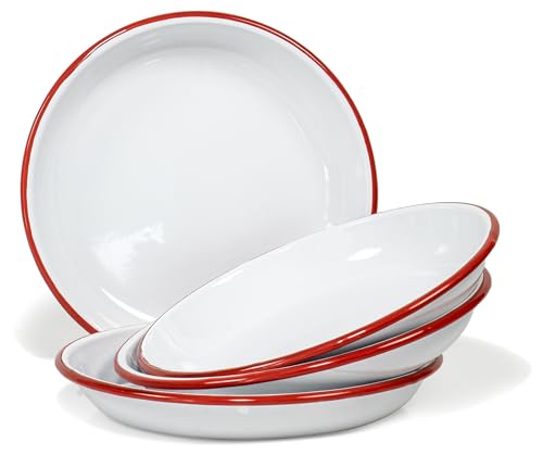 Red Co. Set of 4 Enamelware Metal 10” Round Camping Plates, Solid White/Red Rim
