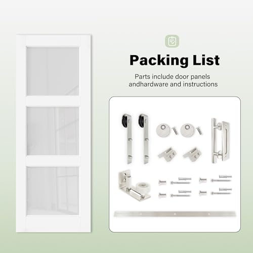 Image of 30 inch x 80 inch 5-Lites Solid Core MDF Panel Barn Door with Trimmable 72 inch Track Kit, Paintable Sliding Barn Doors for Closet Kitchen Bedroom Excellent Sound & Thermal Insulation, Nickel-Plated Hardware Kit
