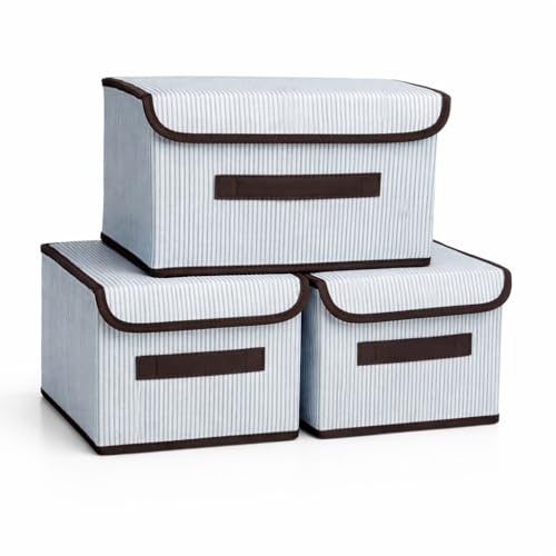 Image of DecorTwist Foldable Storage Box with Lid | Set of 3 (1 Large + 2 Small) | Non-Woven Fabric Wardrobe Organiser for Clothes, Toys, Blankets & Books | Collapsible Closet Shelf Organizer | Grey
