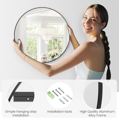 18 Inch Black Round Wall Mirror, Circle Mirror Metal Frame for Bathroom, Vanity, Entryway, Bedroom, Living Room, Wall Mounted Modern Rustic Decor