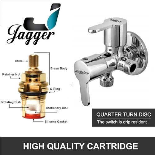JAGGER JAG602 Mark Full Brass Quarter Turn 2 Way Angle Valve, Chrome Finish 2 in 1 Angle Valve for Pipe Connection in Bathroom with Wall Flange and Teflon Tape