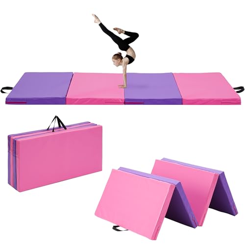 Outdoor Basic 6x3x1 Gymnastics Mats Portable 4-Fold Tumbling Mat Thick Yoga Mat with PU Leather & Carry Handle for Home Workout Yoga MMA Core Training Pilates (Purple/Pink 6 x 3 x 1)