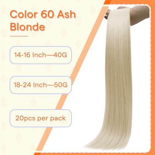 Image of Full Shine Hand Tied Tape in Hair Extensions Human Hair 40g 20Pcs 16 Inch Color 60 Platinum Blonde for Volume Adding and Thin Hair Filling Real Remy Human Hair Extensions